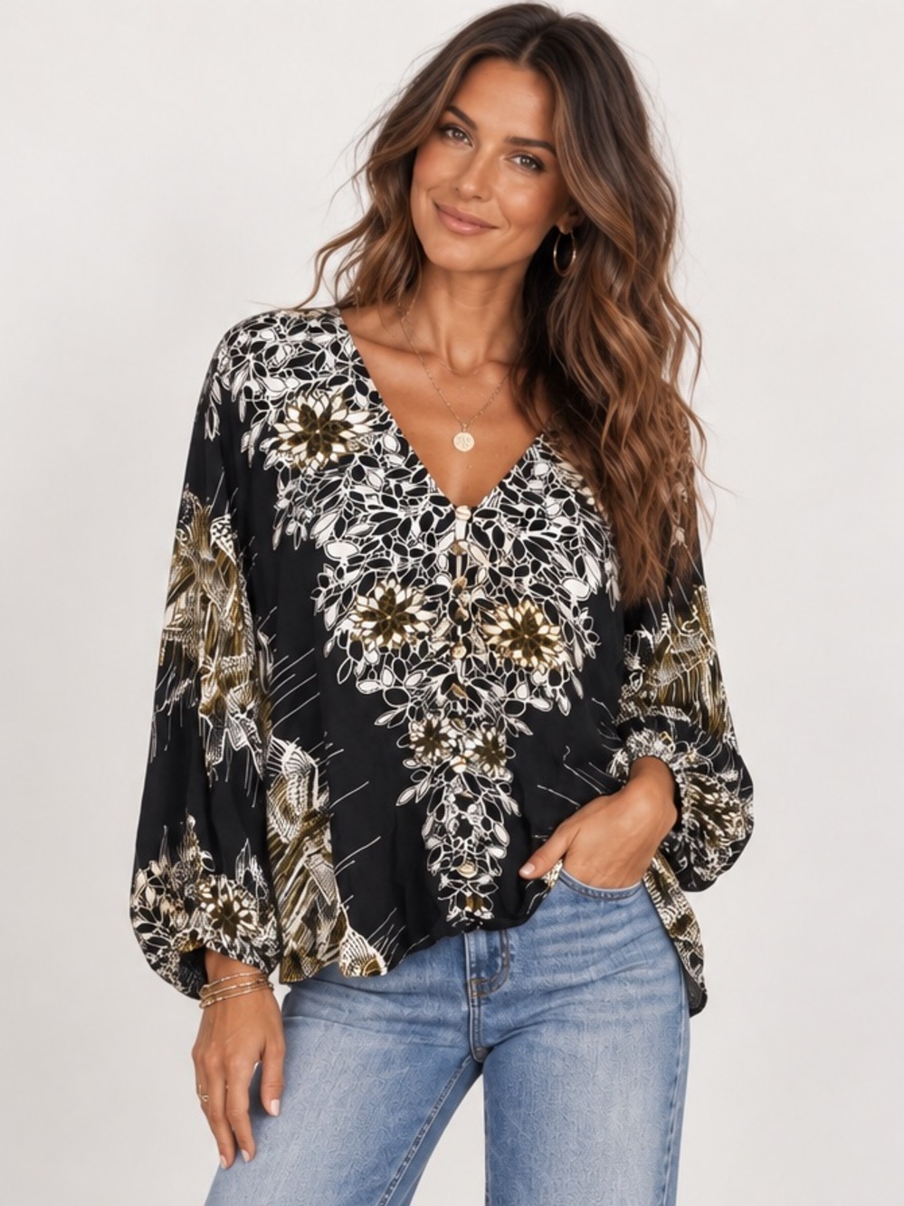 Free People Women’s Black Floral V-Neck Blouse